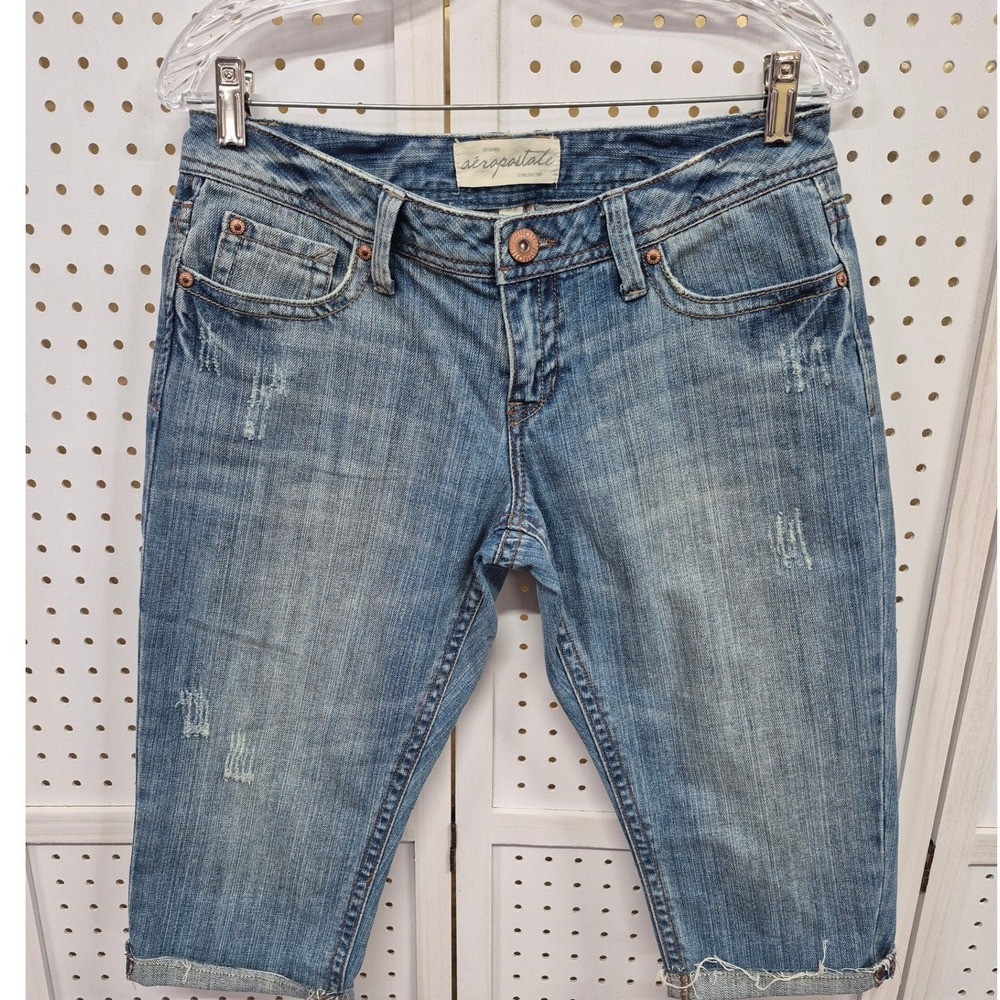 Aeropostale Y2K Denim Low Rise Bermuda Shorts Raw Hem Size 7/8
